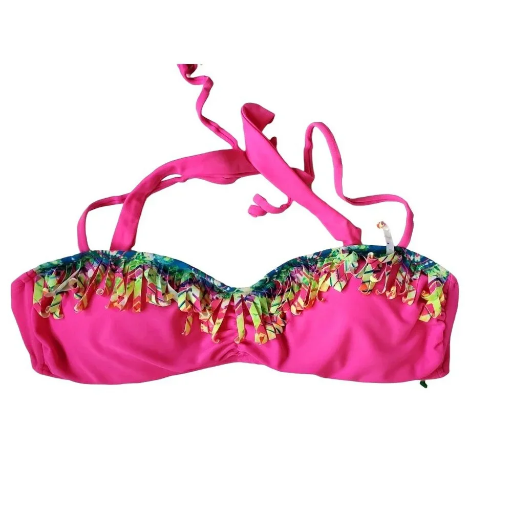 Freestyle Revolution 8 Bikini Top Y2K Halter Fringe Bright Neon Pink Swimwear